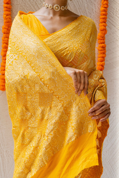 Georgette Rai Dana Yellow Bandhej Saree
