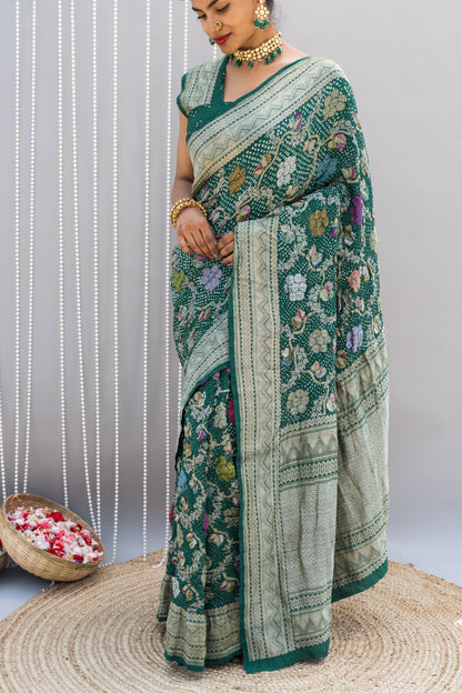 Floral Meenakari Jaal Tussar Green Bandhej Saree