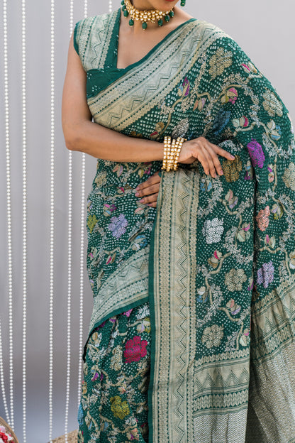 Floral Meenakari Jaal Tussar Green Bandhej Saree