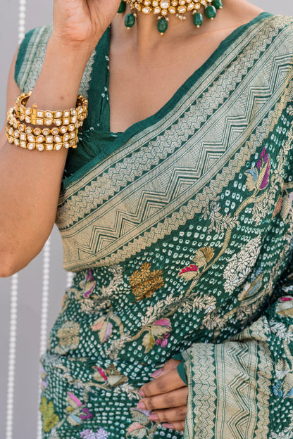 Floral Meenakari Jaal Tussar Green Bandhej Saree
