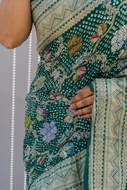 Floral Meenakari Jaal Tussar Green Bandhej Saree