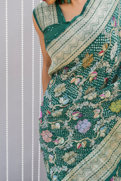 Floral Meenakari Jaal Tussar Green Bandhej Saree