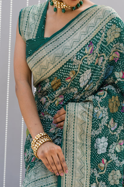 Floral Meenakari Jaal Tussar Green Bandhej Saree