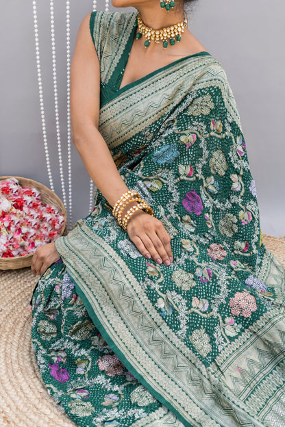 Floral Meenakari Jaal Tussar Green Bandhej Saree
