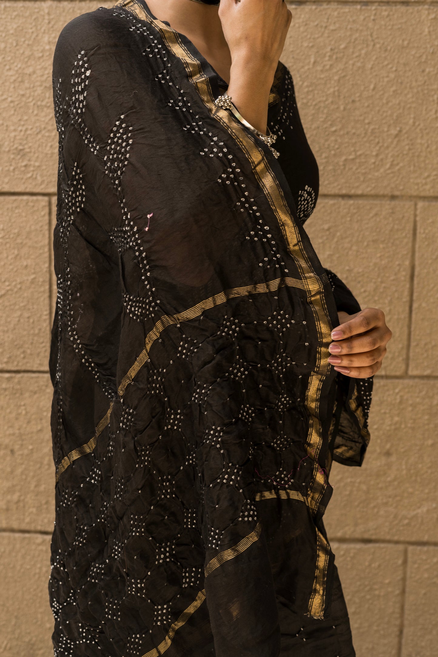 Chanderi Bandhej Black Saree