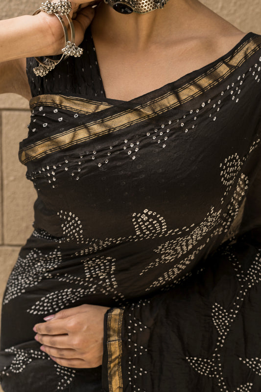 Chanderi Bandhej Black Saree