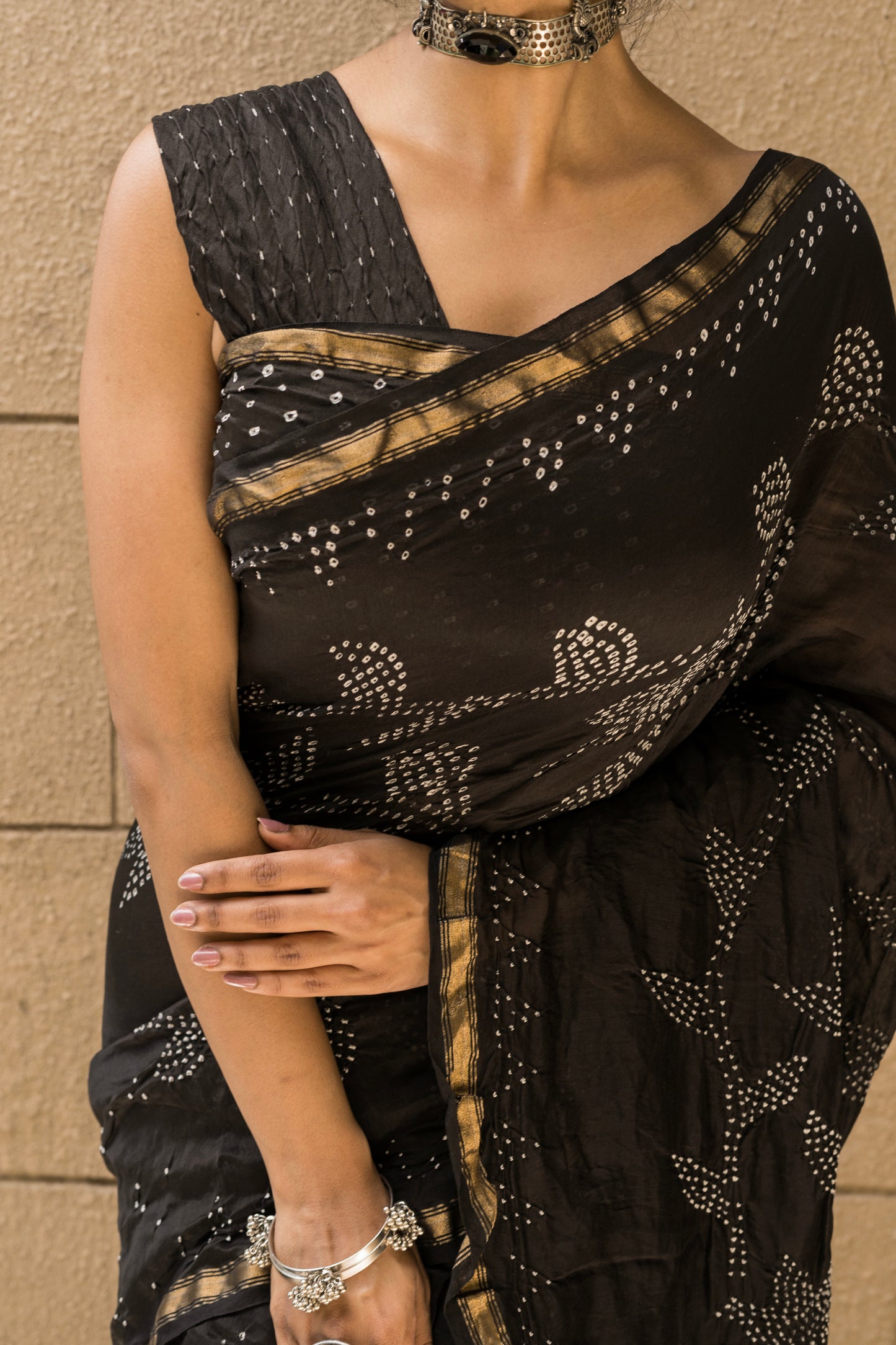 Chanderi Bandhej Black Saree