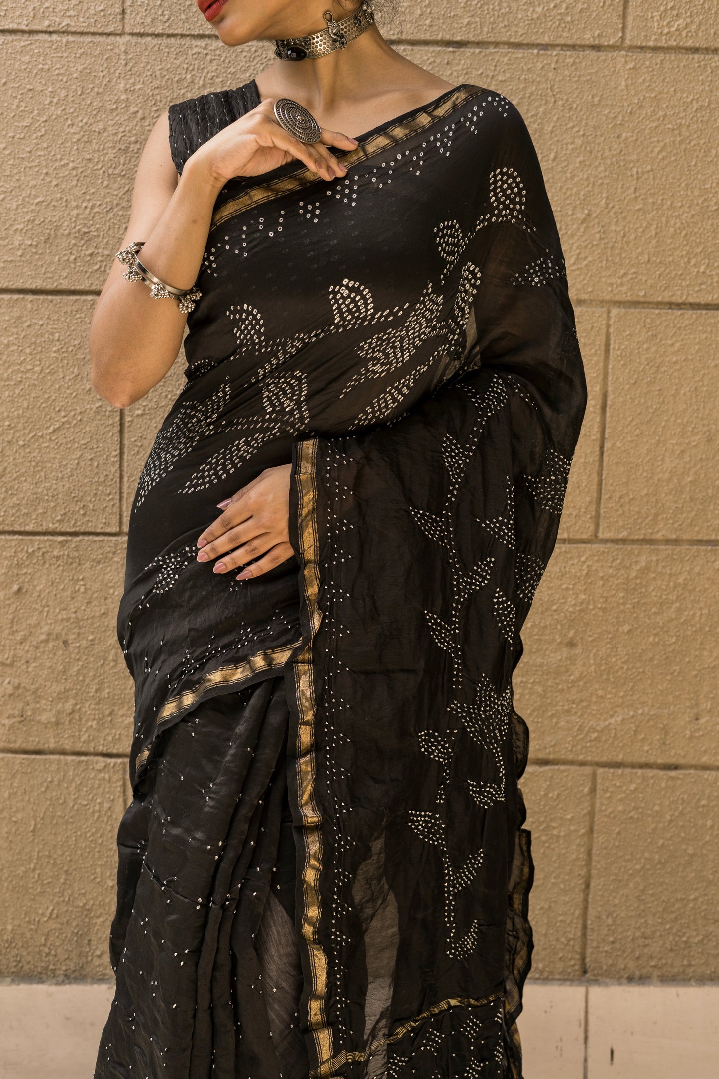 Chanderi Bandhej Black Saree