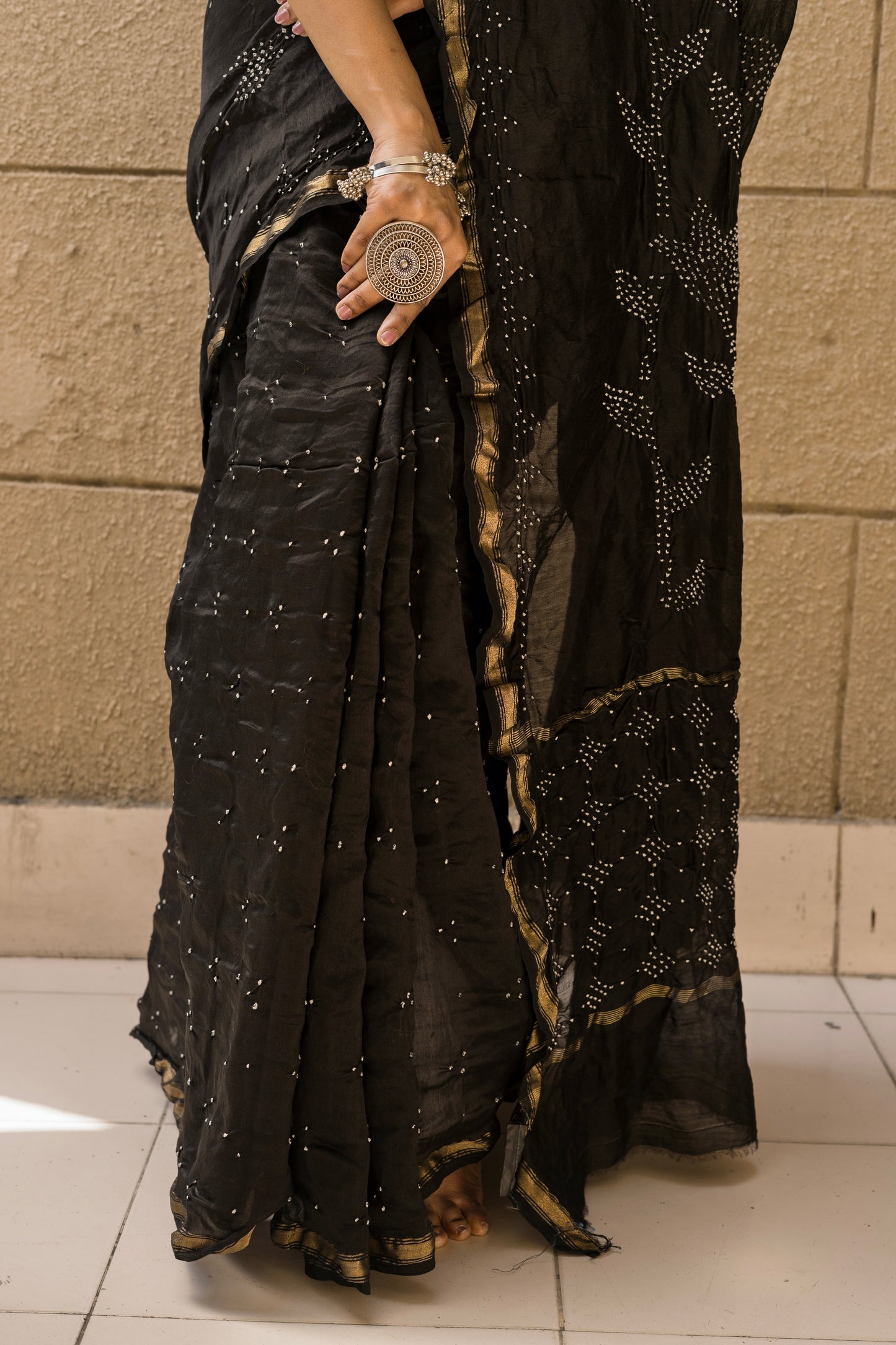 Chanderi Bandhej Black Saree