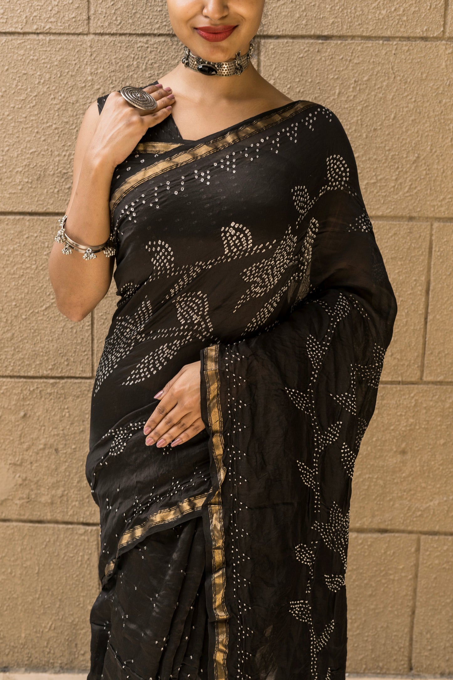 Chanderi Bandhej Black Saree