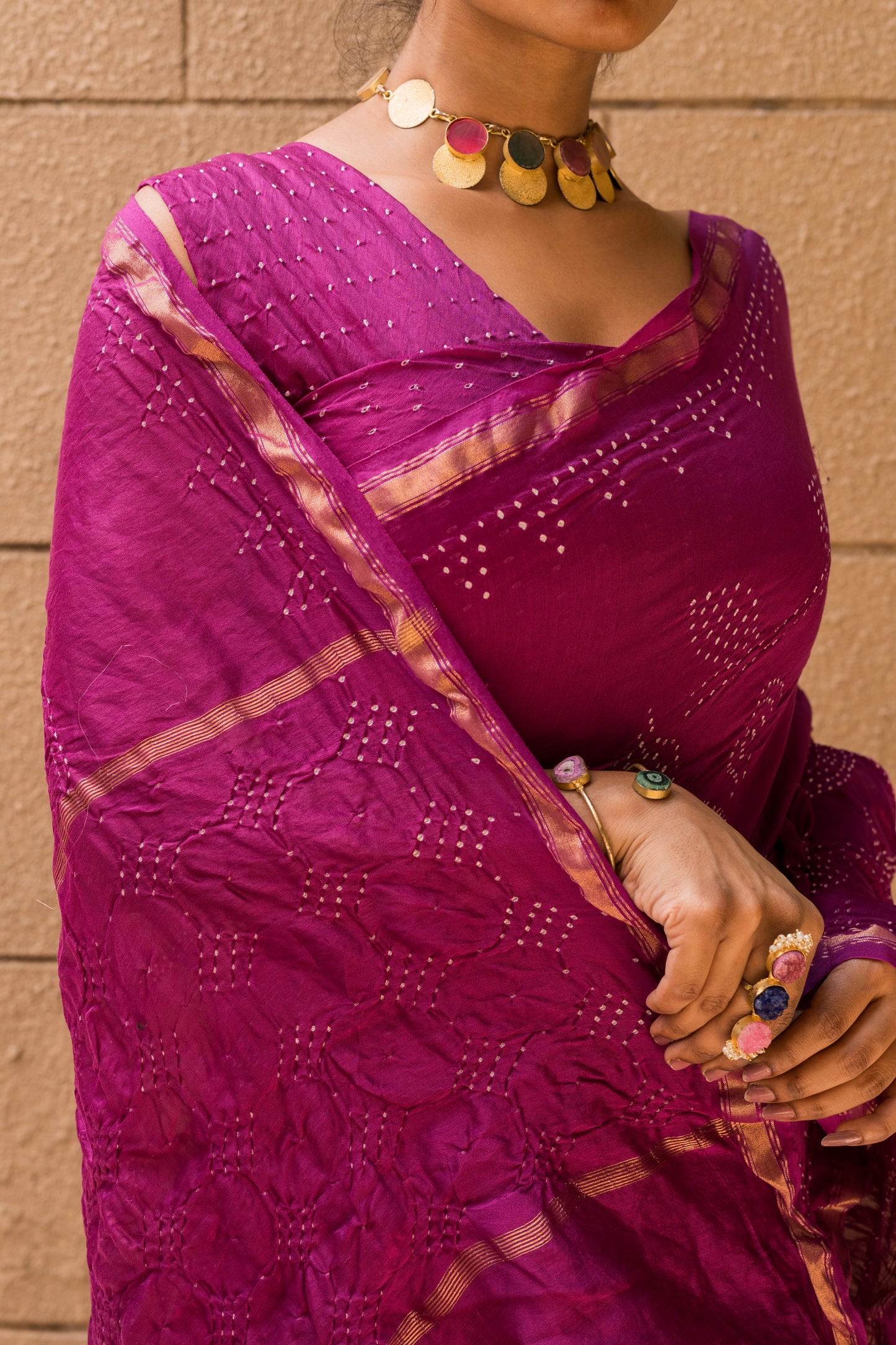 Chanderi Bandhej Violet Saree