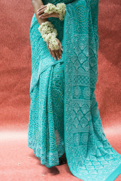 Georgette Lucknowi Rai Dana (Sky Blue) Bandhej Saree