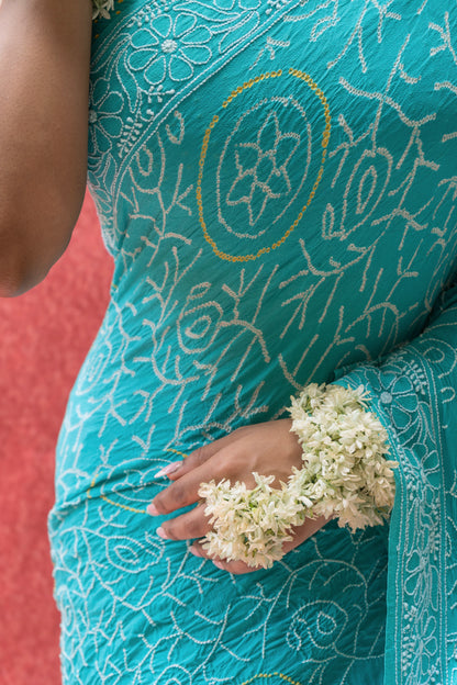 Georgette Lucknowi Rai Dana (Sky Blue) Bandhej Saree