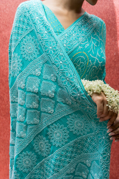 Georgette Lucknowi Rai Dana (Sky Blue) Bandhej Saree