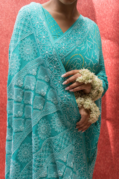 Georgette Lucknowi Rai Dana (Sky Blue) Bandhej Saree