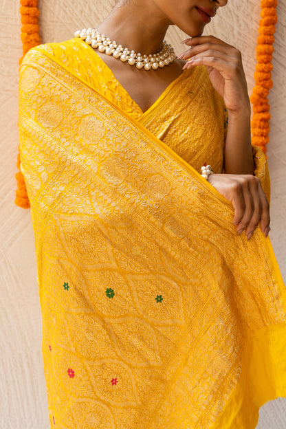 Georgette Leheriya Meenakari Kadhua Bandhej Yellow Saree