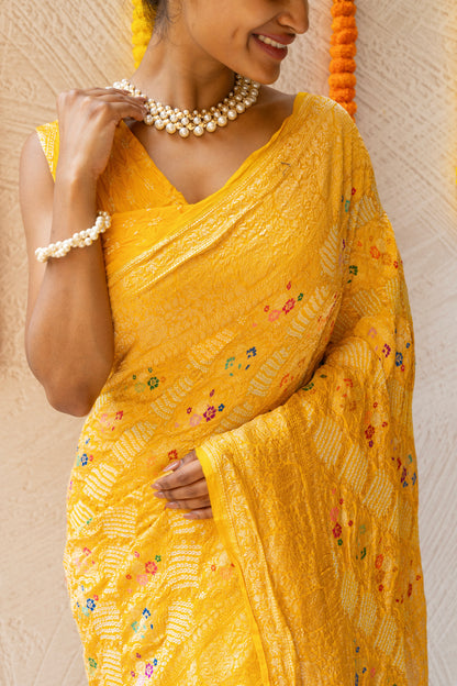 Georgette Leheriya Meenakari Kadhua Bandhej Yellow Saree