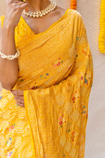 Georgette Leheriya Meenakari Kadhua Bandhej Yellow Saree