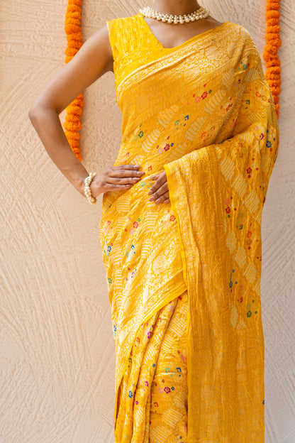 Georgette Leheriya Meenakari Kadhua Bandhej Yellow Saree