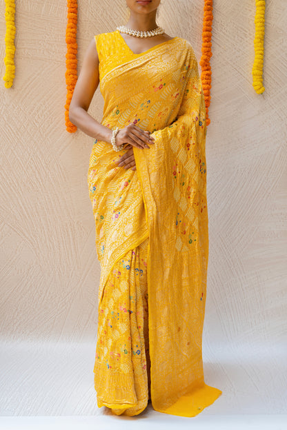 Georgette Leheriya Meenakari Kadhua Bandhej Yellow Saree