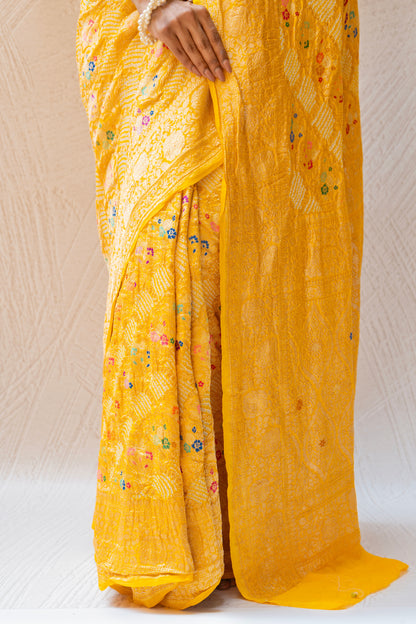 Georgette Leheriya Meenakari Kadhua Bandhej Yellow Saree