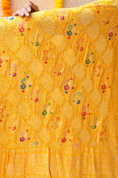 Georgette Leheriya Meenakari Kadhua Bandhej Yellow Saree