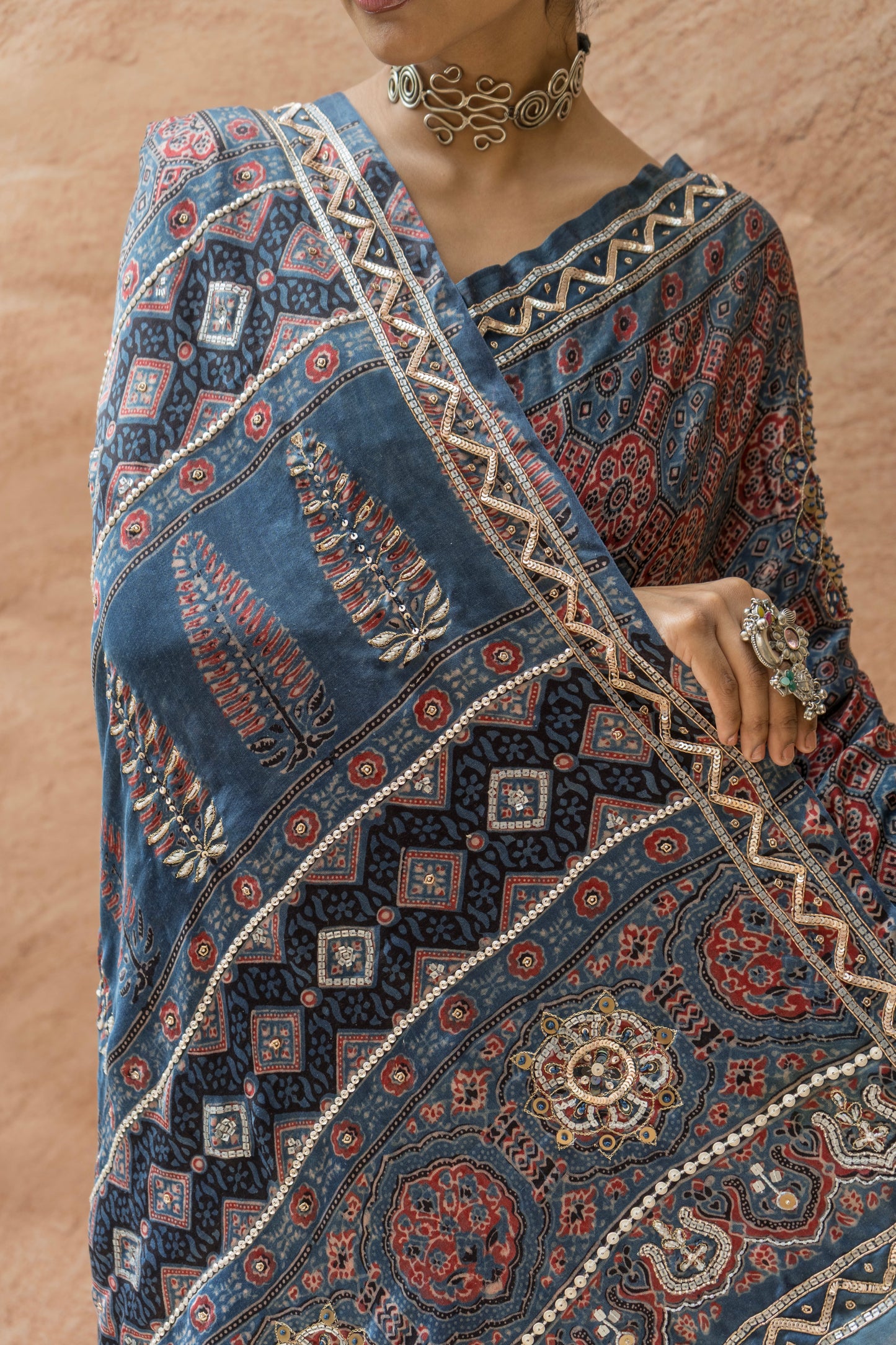Embroidered Ajrakh Print Indigo Floral Gajji Saree