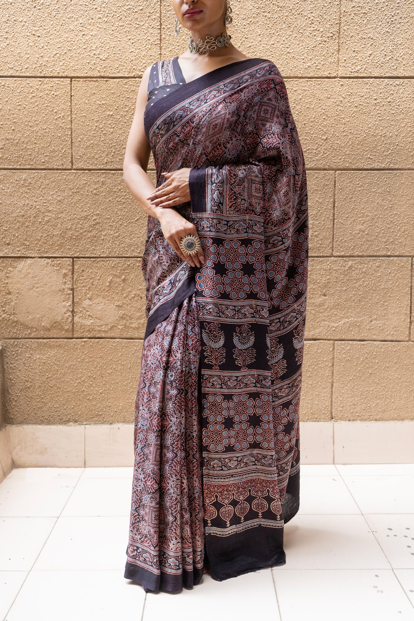 Ajrakh Print Phalsa Gajji Saree