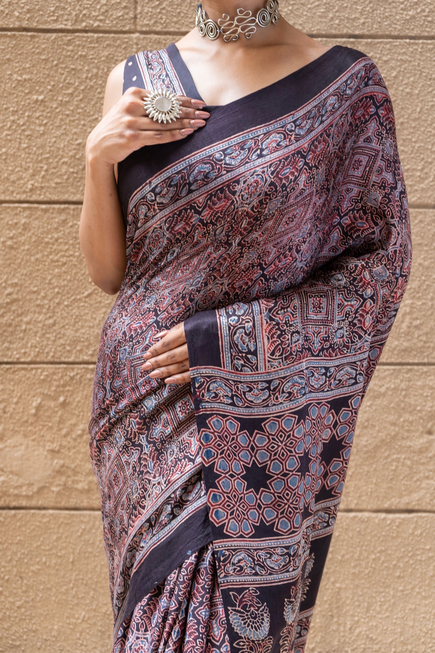 Ajrakh Print Phalsa Gajji Saree