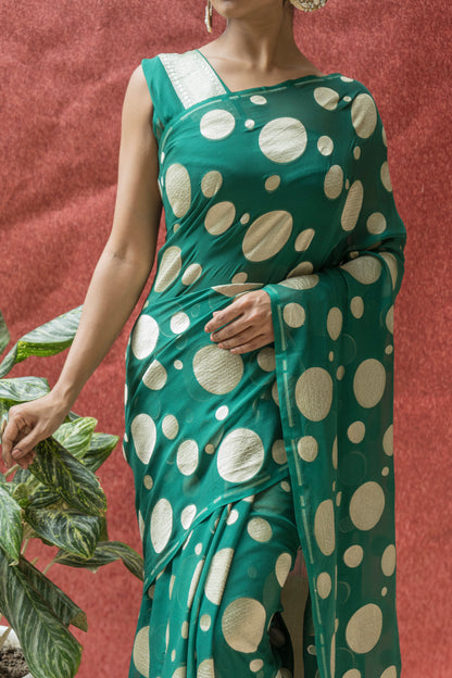 Khaddi Georgette Green Polka Dots Saree