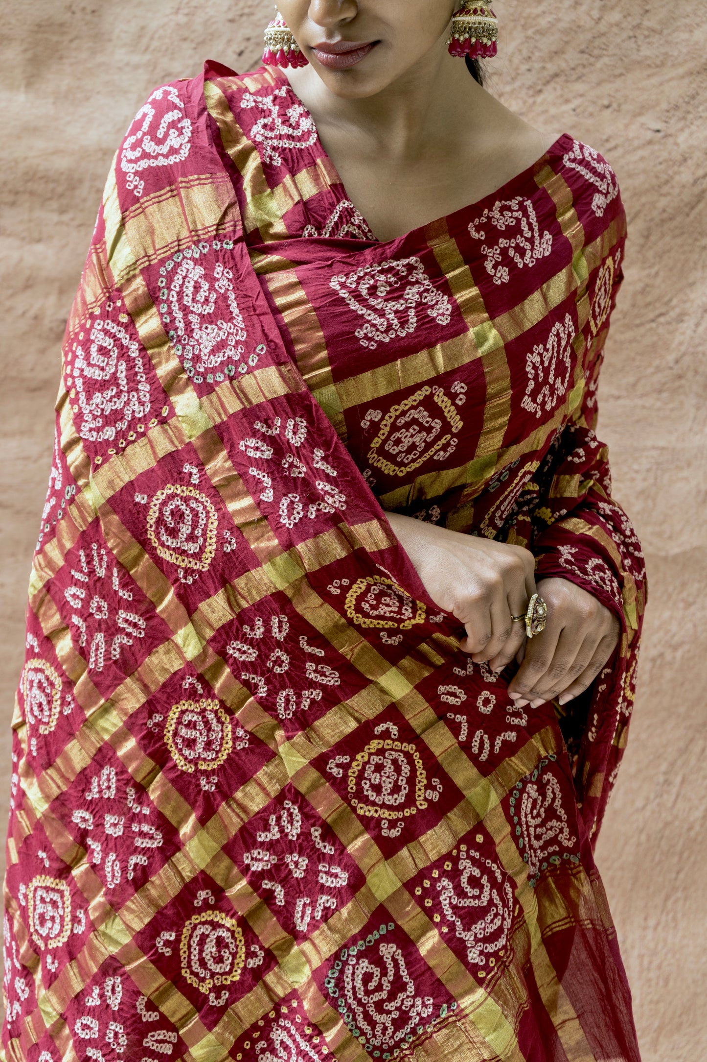Cotton Gharchola Rai Dana Maroon Bandhej Saree