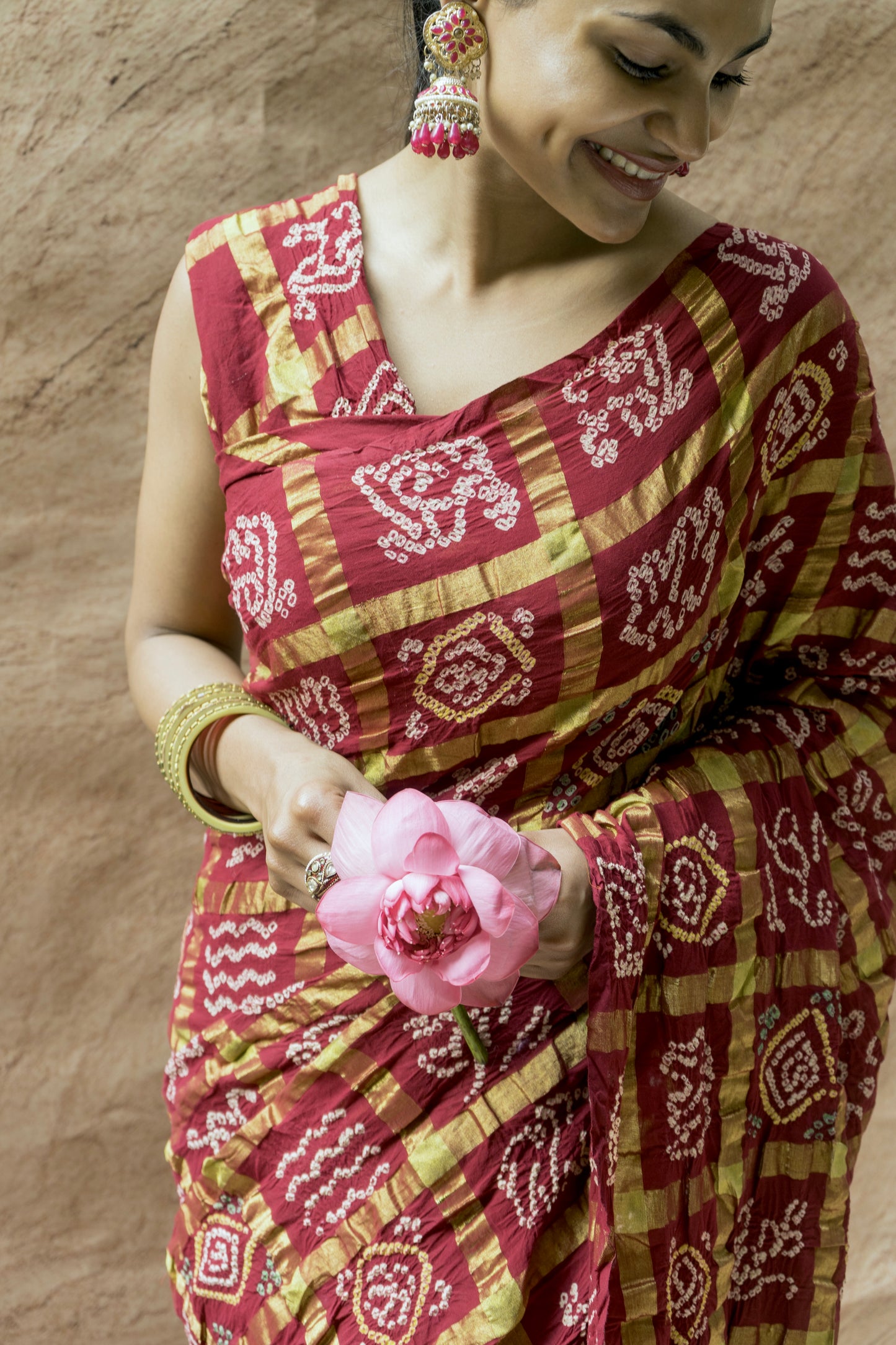 Cotton Gharchola Rai Dana Maroon Bandhej Saree