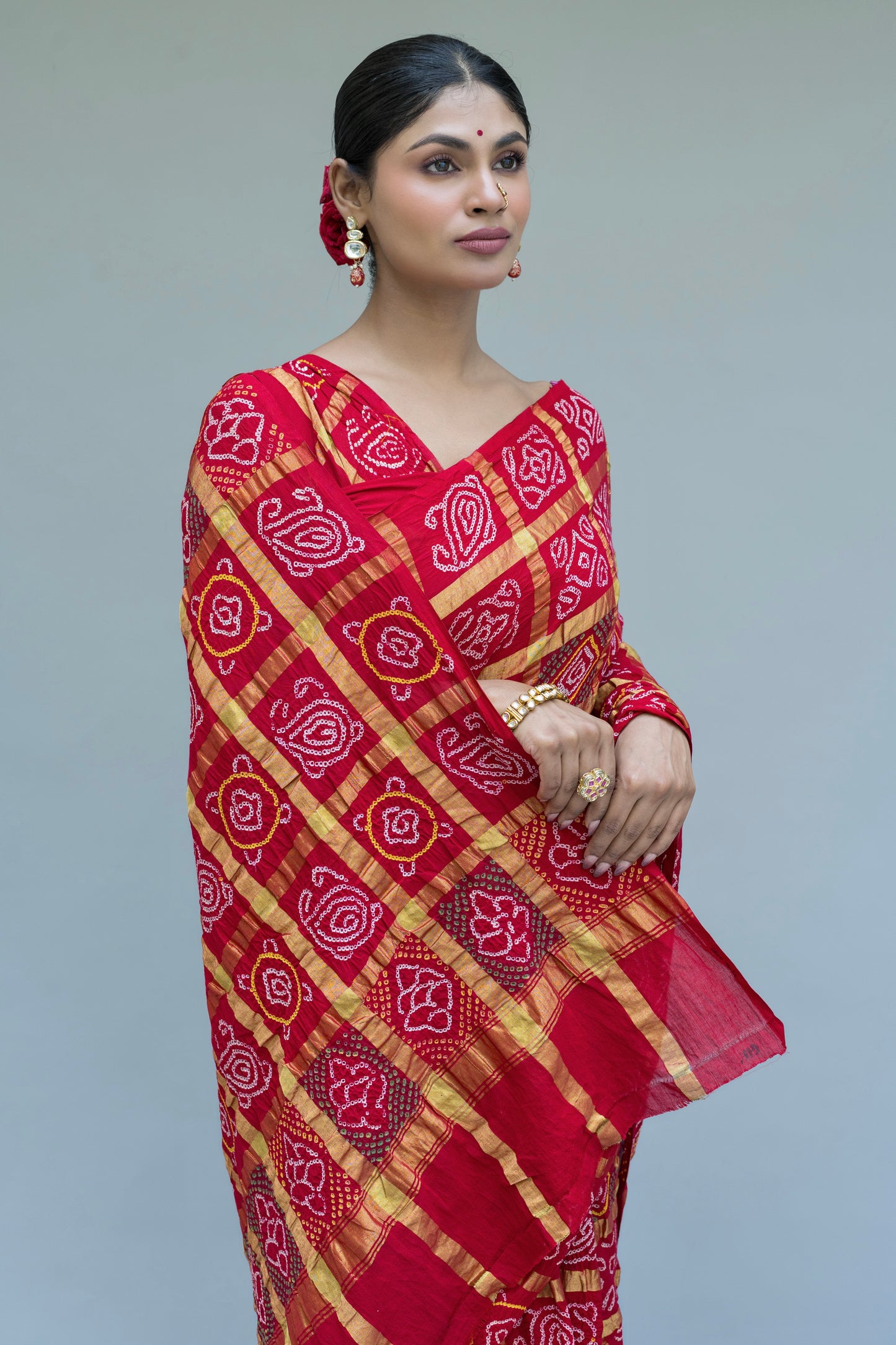 Cotton Gharchola Red Bandhej Saree