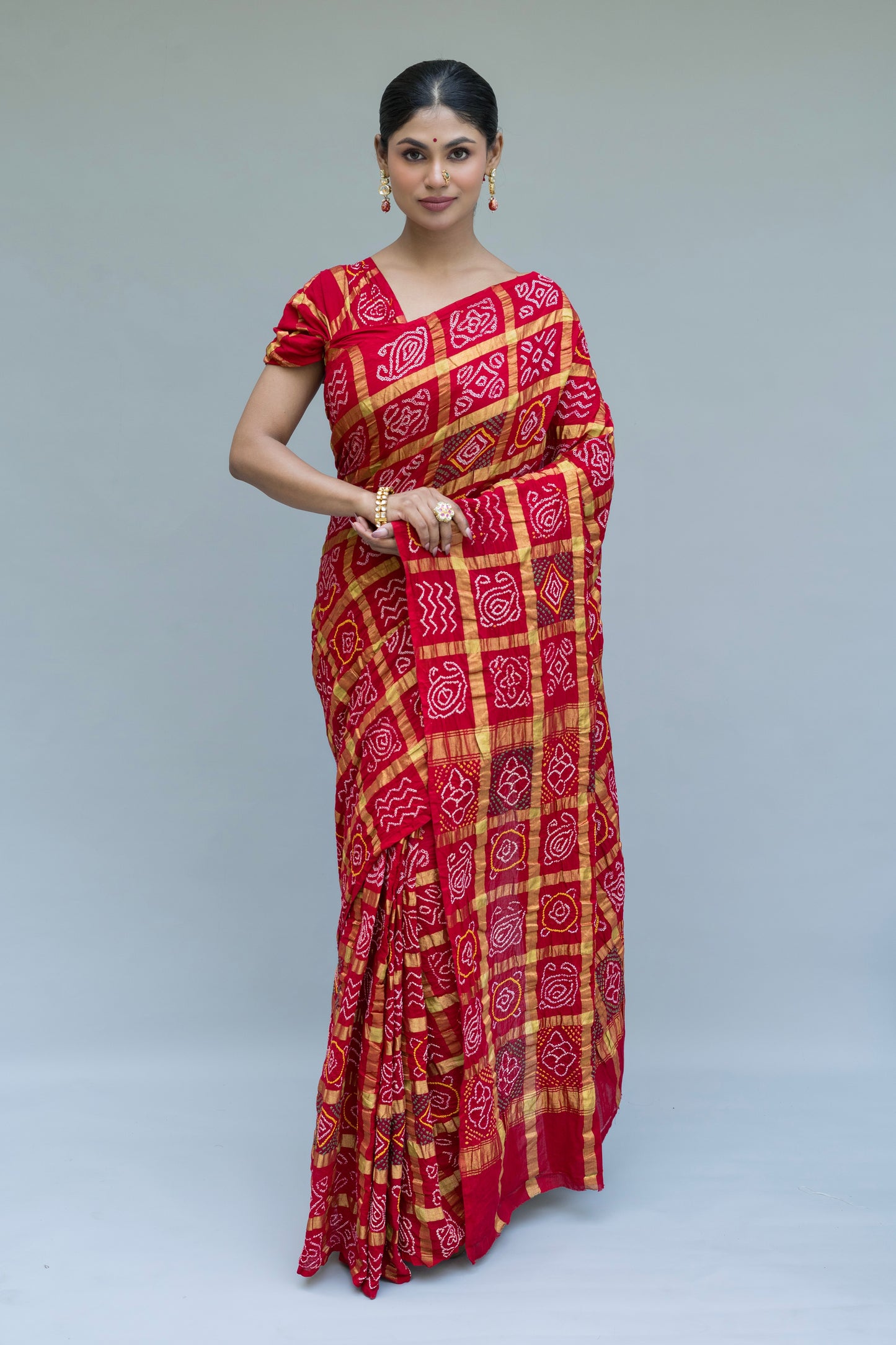 Cotton Gharchola Red Bandhej Saree