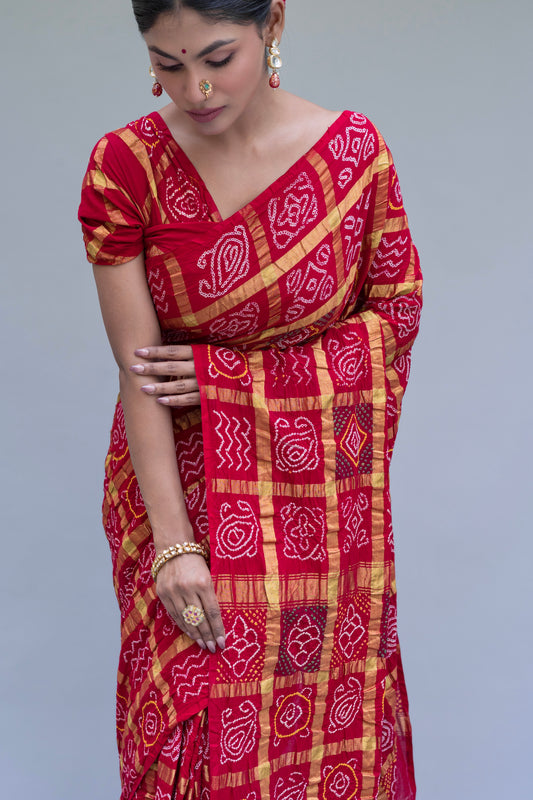 Cotton Gharchola Red Bandhej Saree