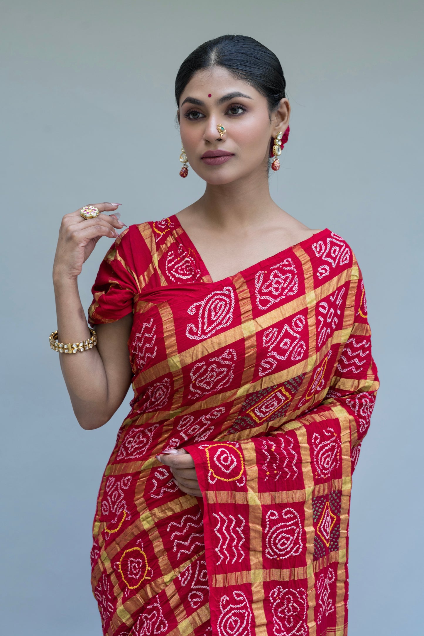 Cotton Gharchola Red Bandhej Saree