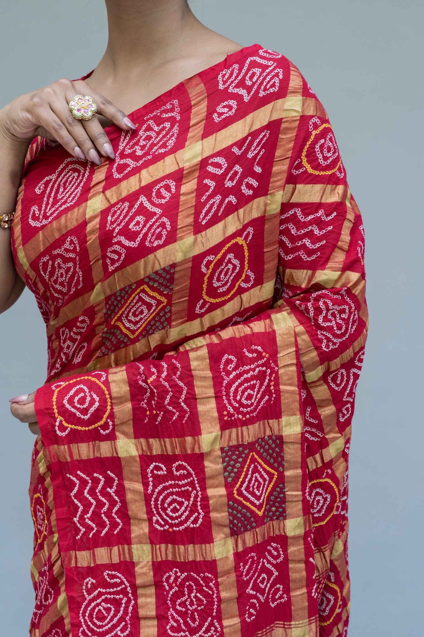 Cotton Gharchola Red Bandhej Saree