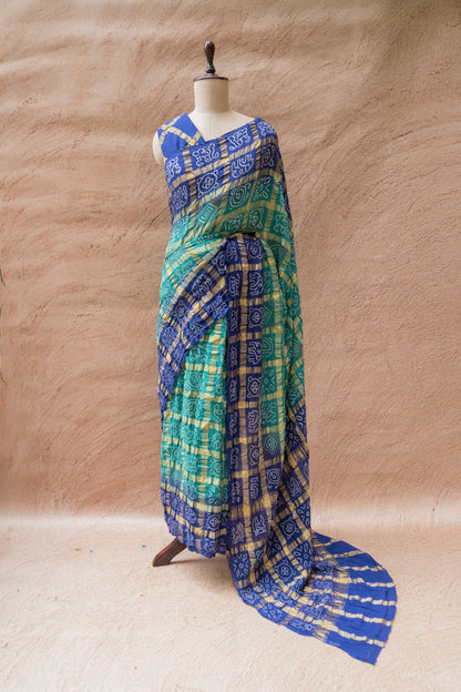 Cotton Gharchola Ombre Teal Blue Bandhej Saree