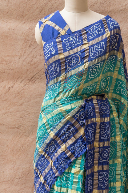 Cotton Gharchola Ombre Teal Blue Bandhej Saree