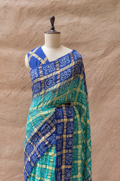 Cotton Gharchola Ombre Teal Blue Bandhej Saree
