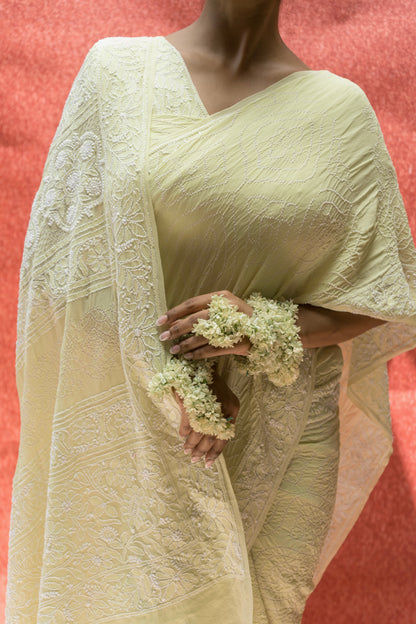 Lucknowi Georgette Rai Dana (Mint Green) Bandhej Saree