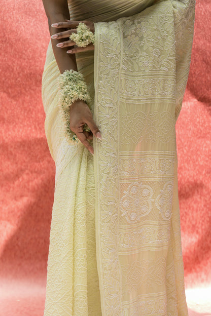 Lucknowi Georgette Rai Dana (Mint Green) Bandhej Saree