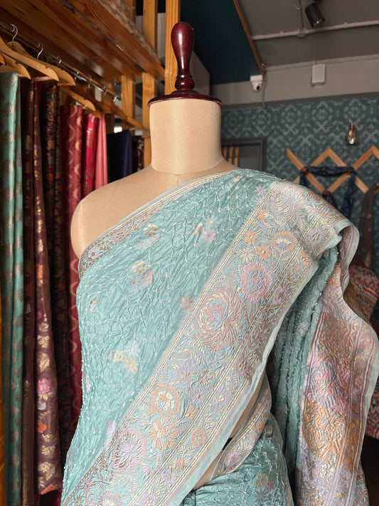 Parsi Katan Floral Booti Bandhej Pastel Blue Saree