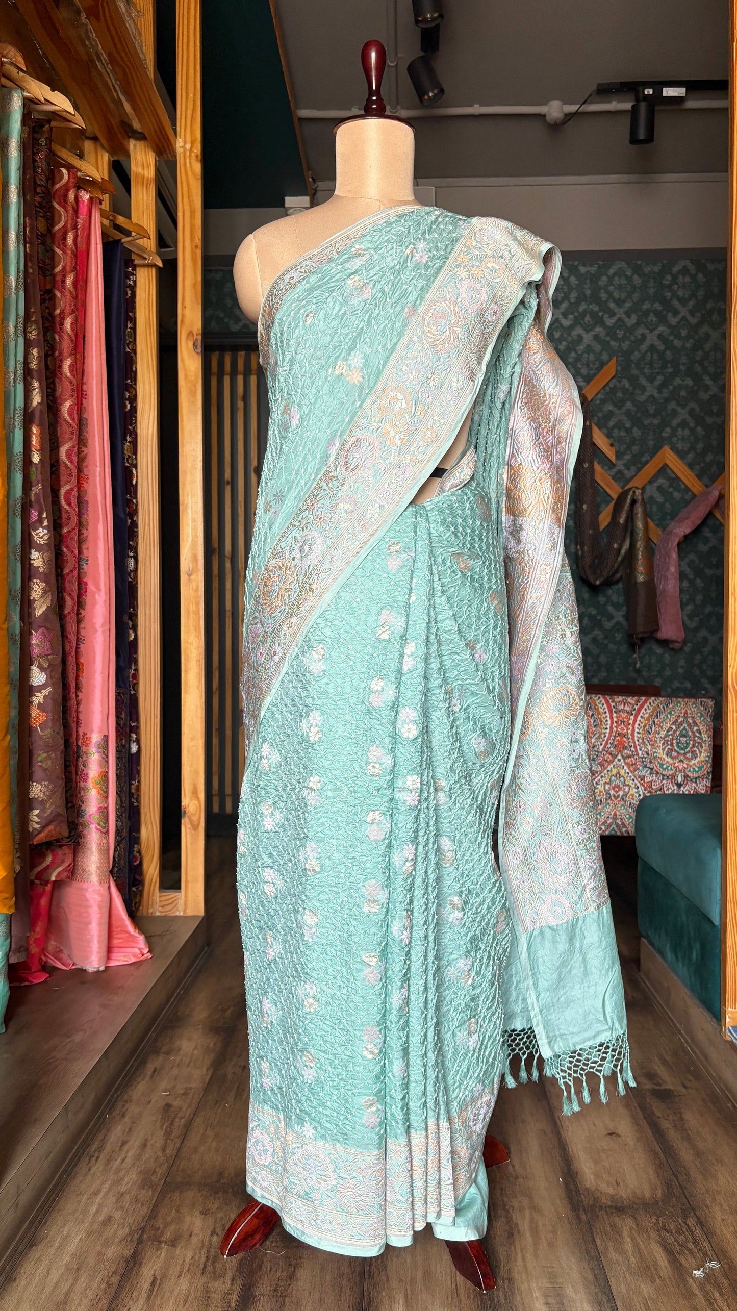 Parsi Katan Floral Booti Bandhej Pastel Blue Saree