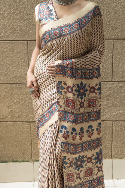 Ajrakh Print Floral Gajji Ivory Gold Saree