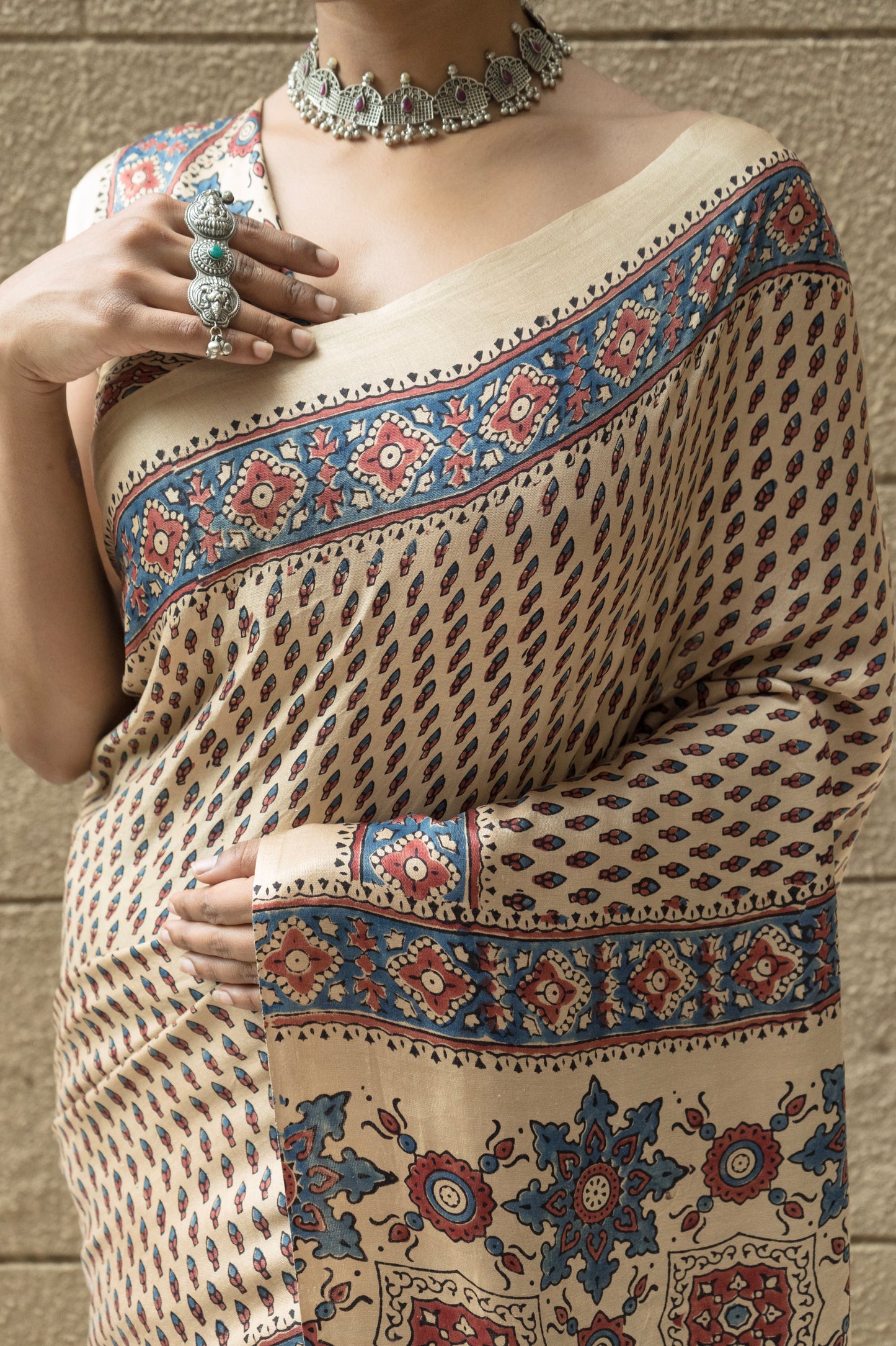 Ajrakh Print Floral Gajji Ivory Gold Saree