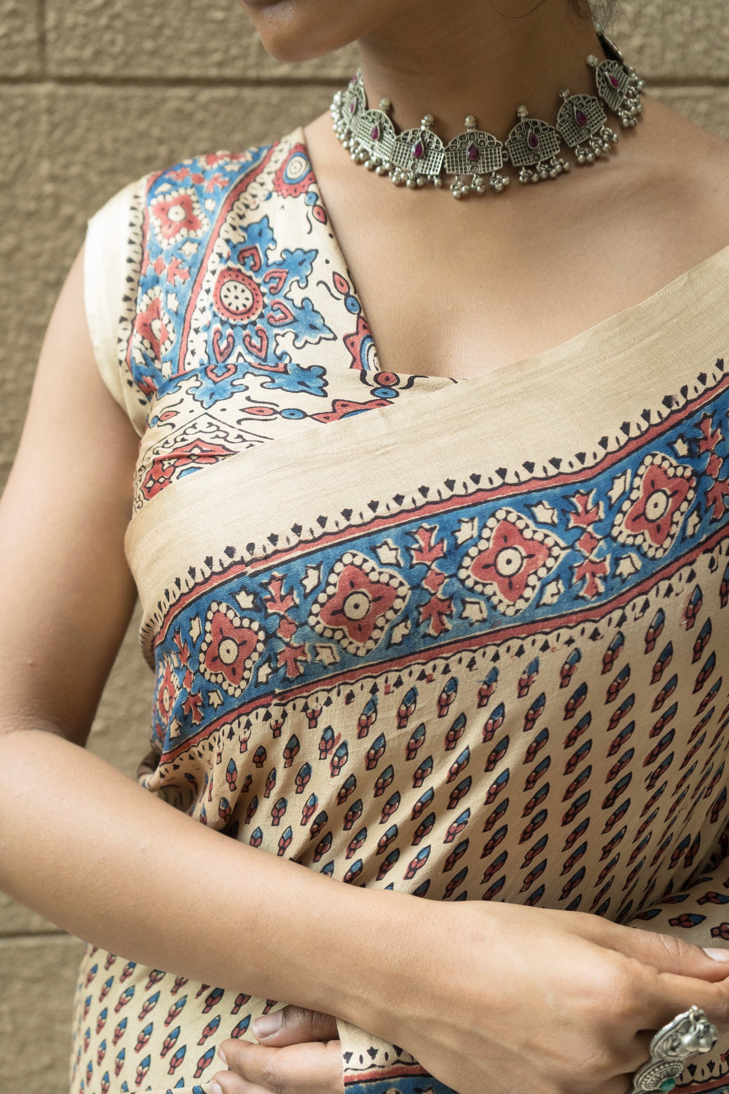 Ajrakh Print Floral Gajji Ivory Gold Saree