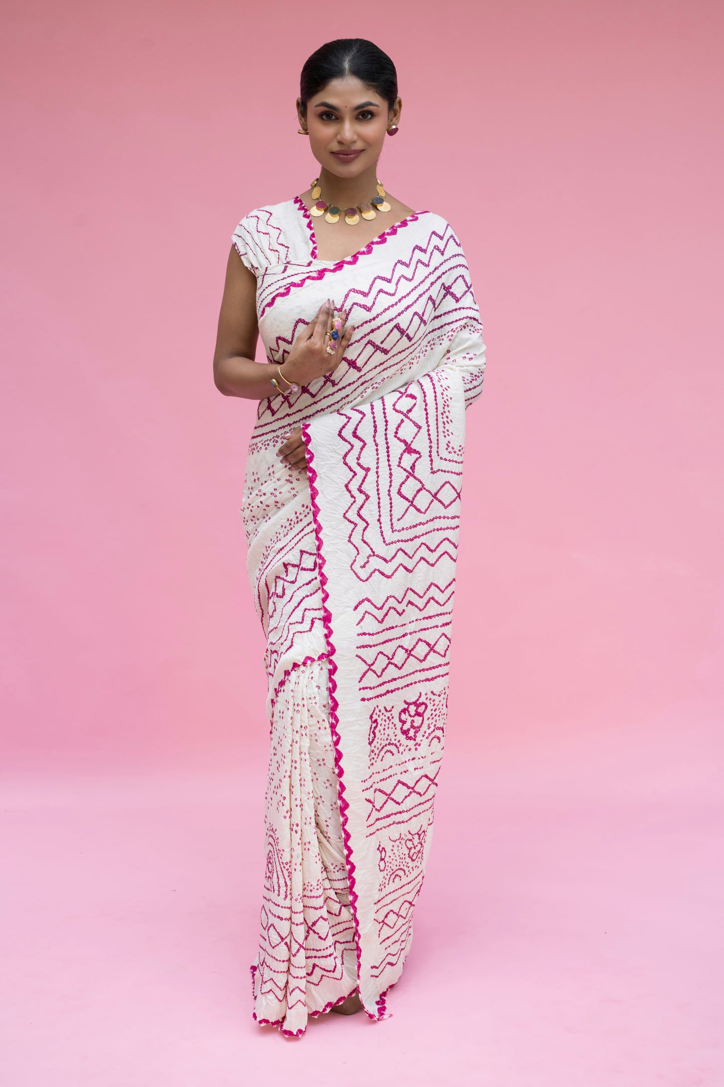 Pink Rai Dana Moonga White Bandhej Saree