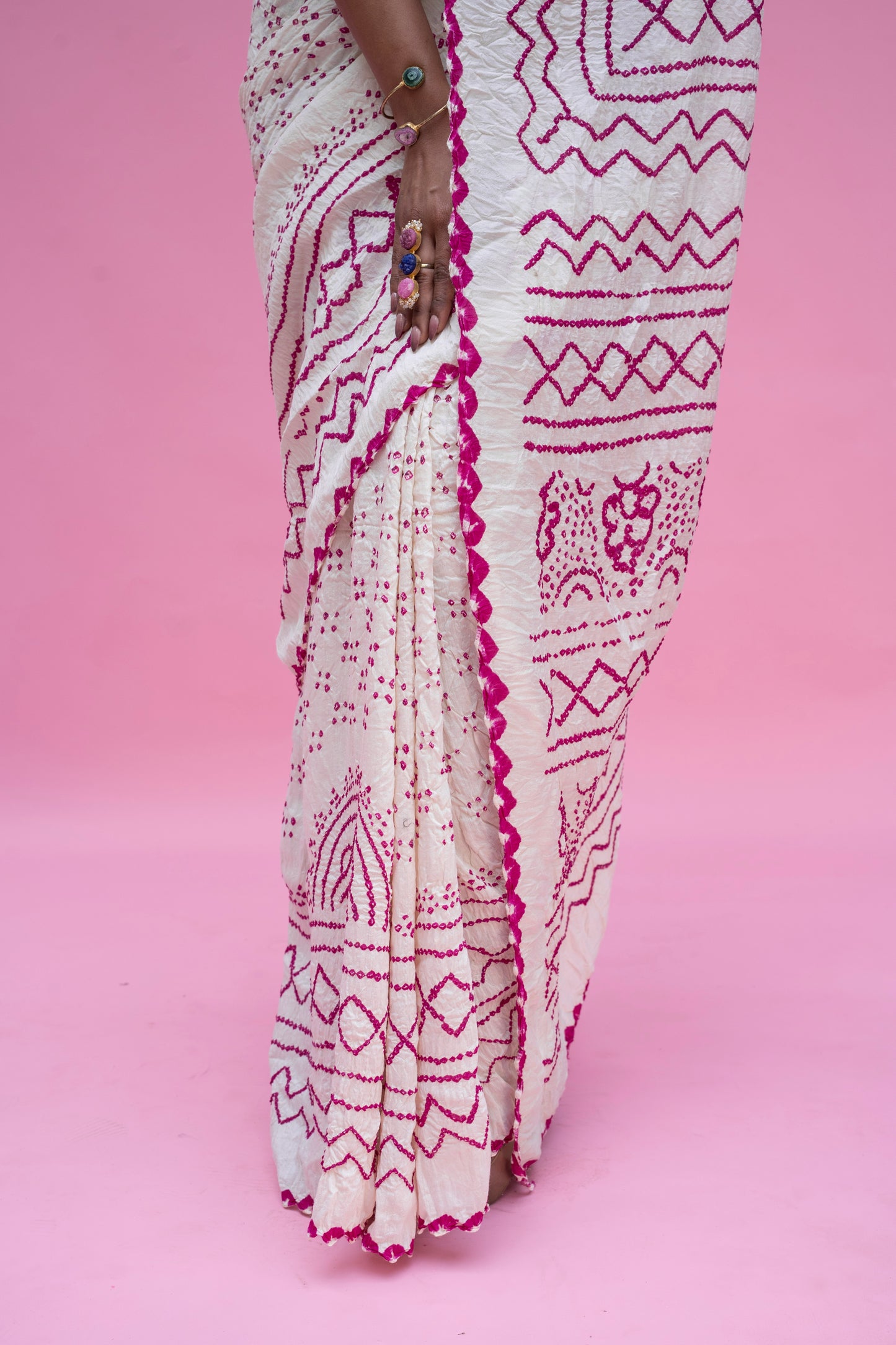Pink Rai Dana Moonga White Bandhej Saree