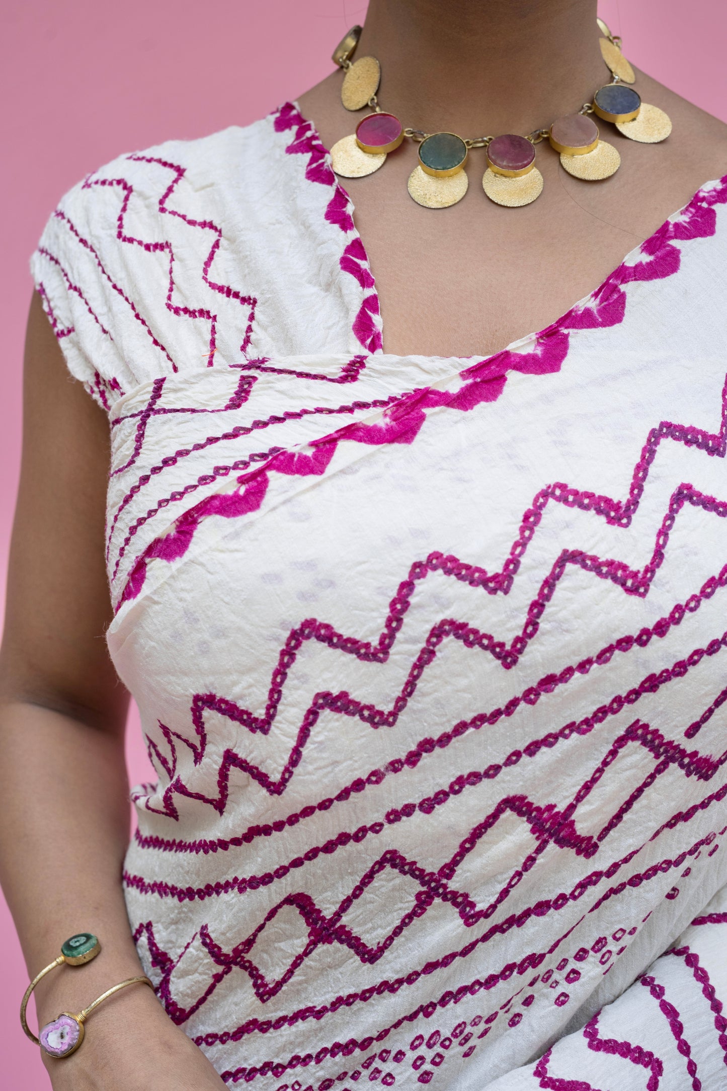 Pink Rai Dana Moonga White Bandhej Saree